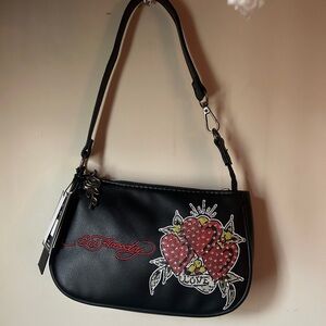Ed Hardy Black Shoulder Bag with Red and Yellow Heart Design